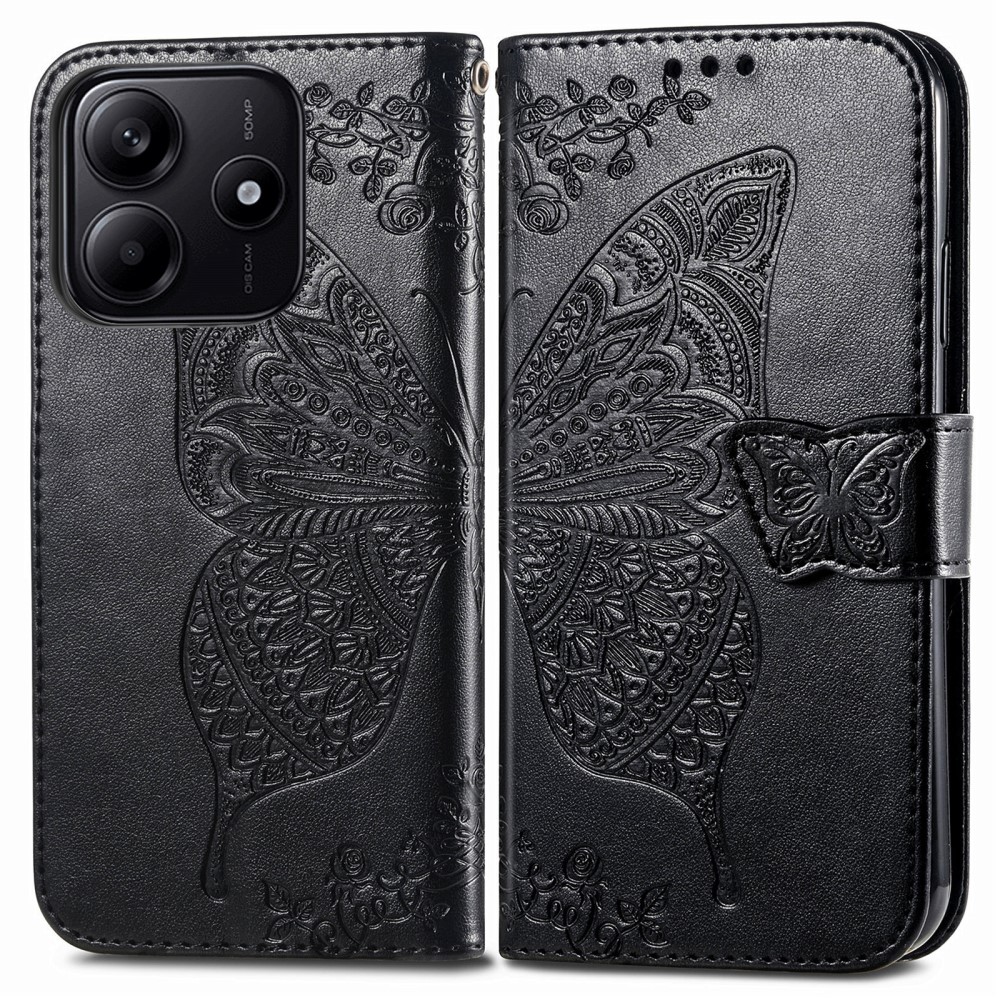  Xiaomi Redmi Note 14 5G Fodral Läder Fjäril Tryck Svart
