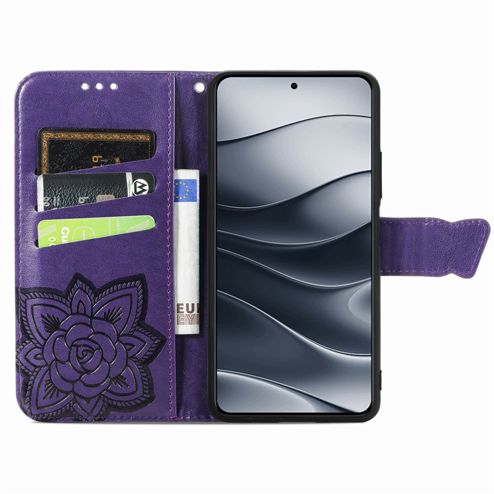  Xiaomi Redmi Note 14 5G Fodral Läder Fjäril Tryck Mörk Lila
