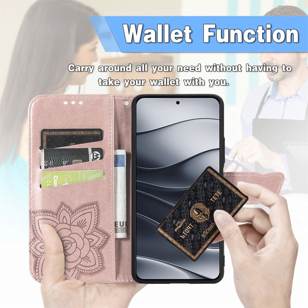  Xiaomi Redmi Note 14 5G Fodral Läder Fjäril Tryck Roséguld