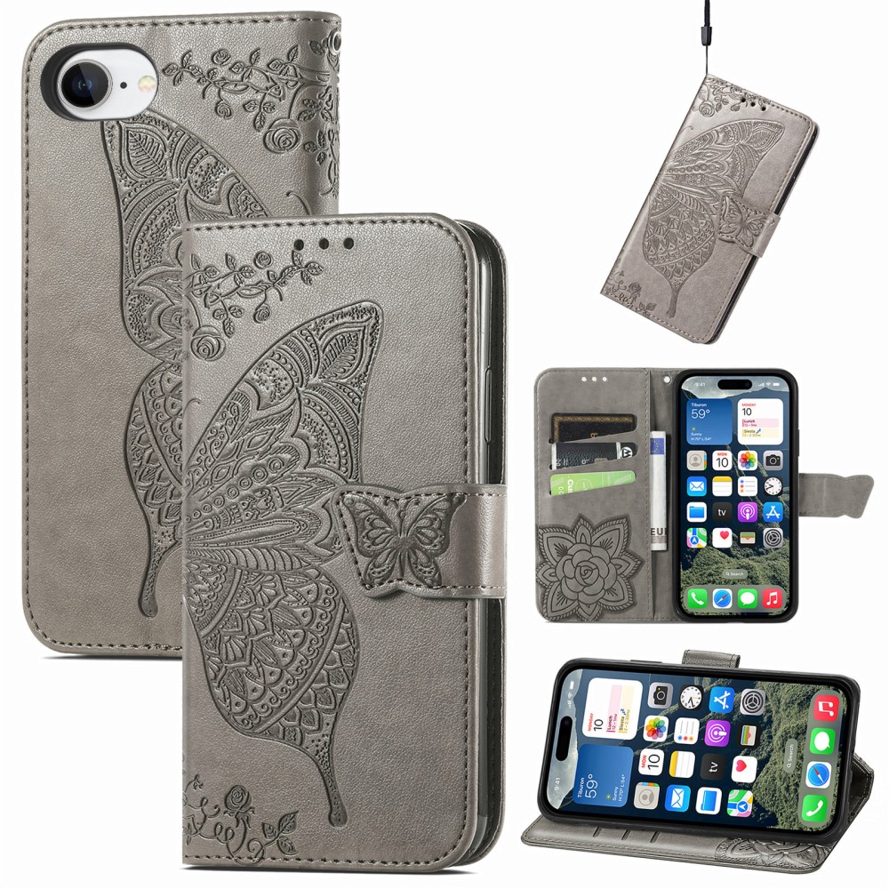  iPhone 17e / 16e Fodral Med Fjäril Tryck Grå