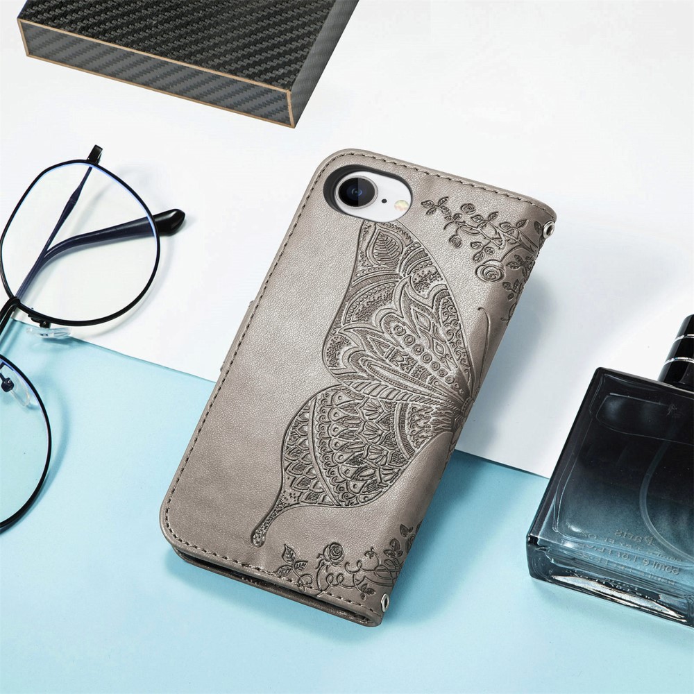  iPhone 17e / 16e Fodral Med Fjäril Tryck Grå