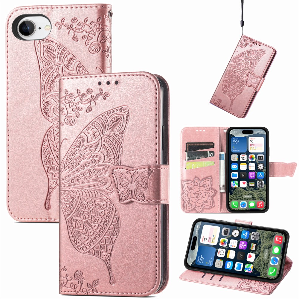  iPhone 17e / 16e Fodral Med Fjäril Tryck Roséguld