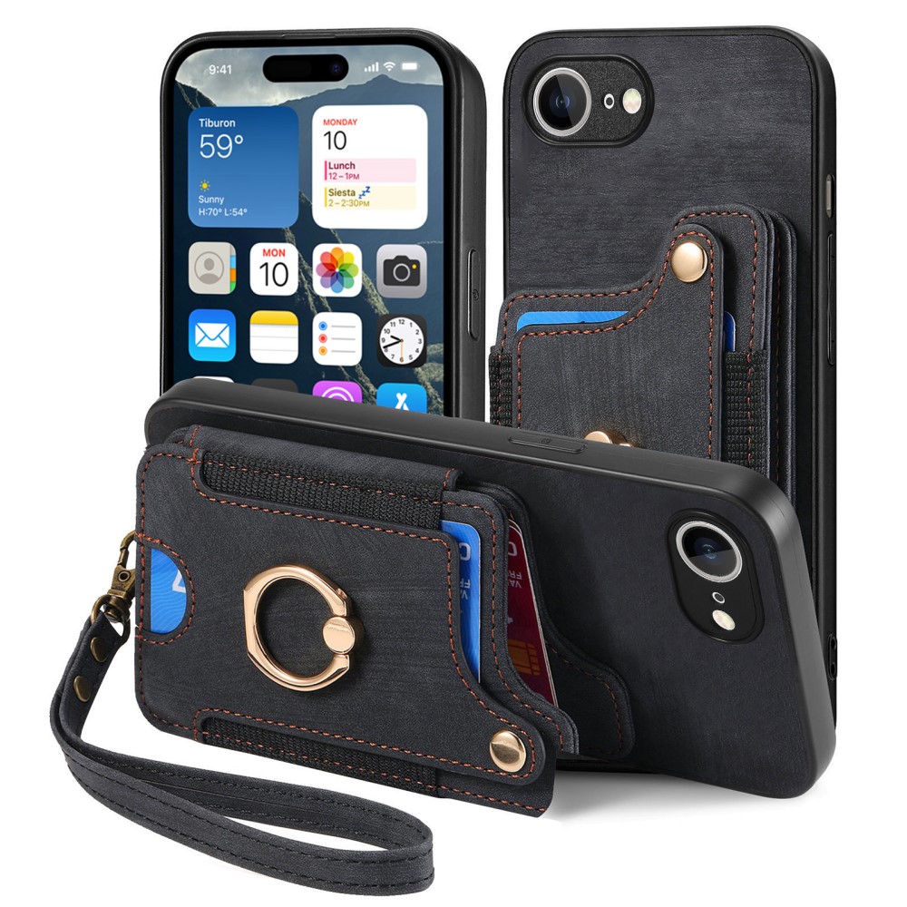  iPhone 17e / 16e Skal Med Korthållare RFID Retro Läder Svart