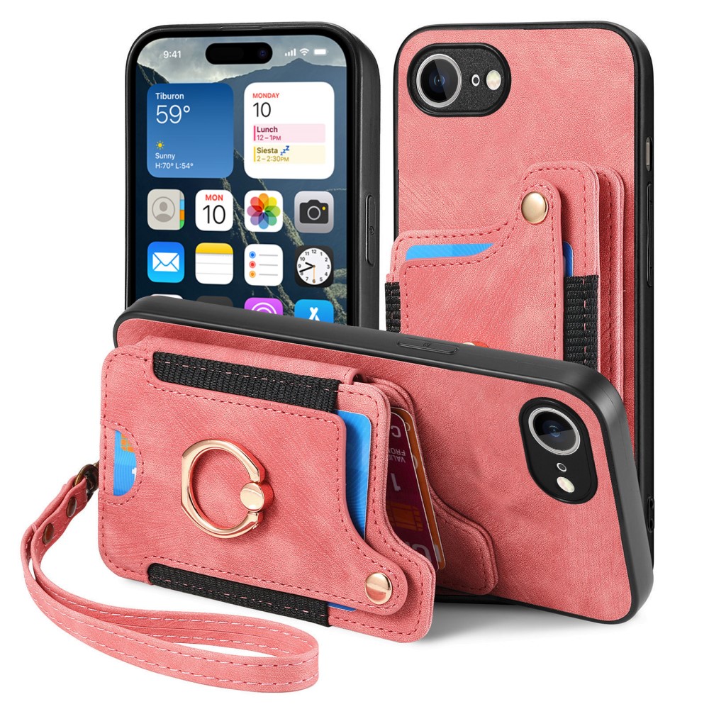  iPhone 17e / 16e Skal Med Korthållare RFID Retro Läder Rosa