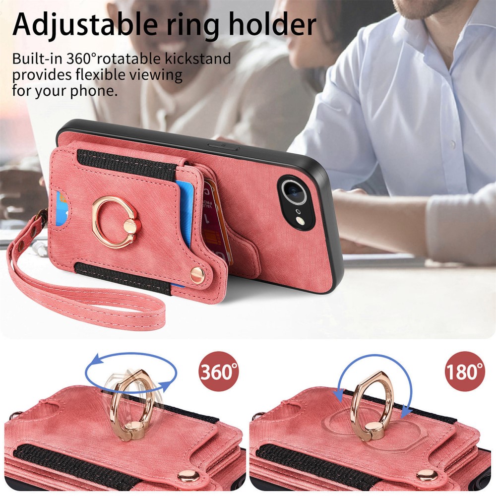  iPhone 17e / 16e Skal Med Korthållare RFID Retro Läder Rosa