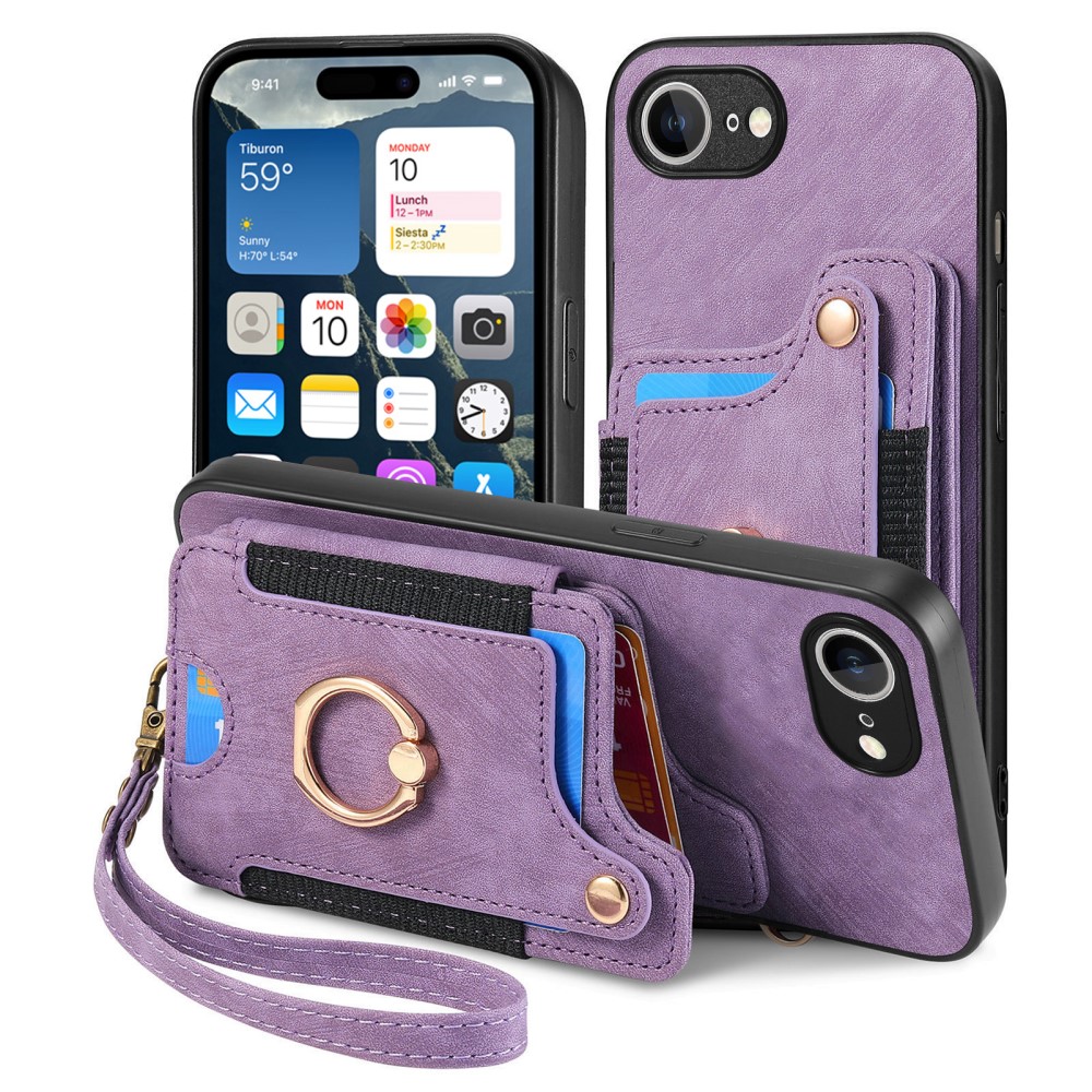  iPhone 17e / 16e Skal Med Korthållare RFID Retro Läder Lila