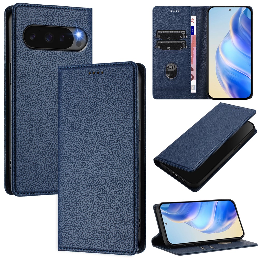  Google Pixel 10/10 Pro / 9/9 Pro Fodral RFID Litchi Läder Blå