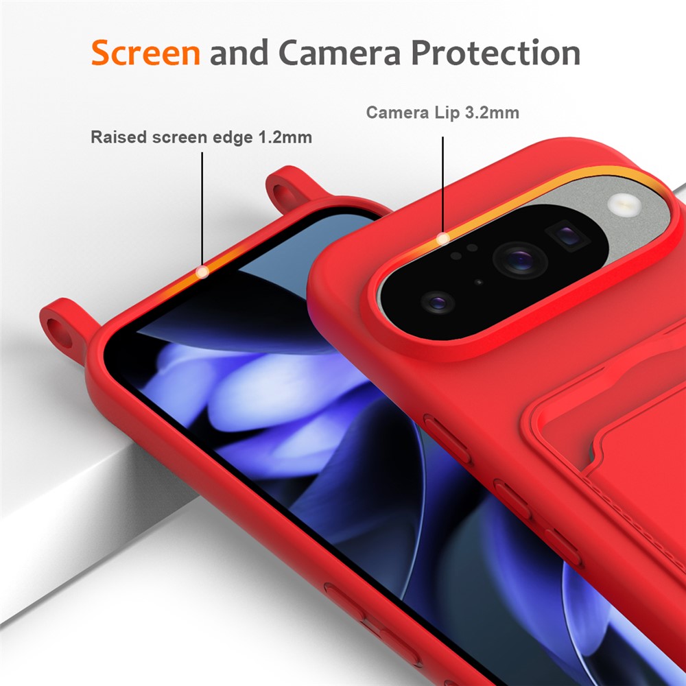  Google Pixel 10 Skal Med Kortfack & Mobilsnöre Silikon Röd