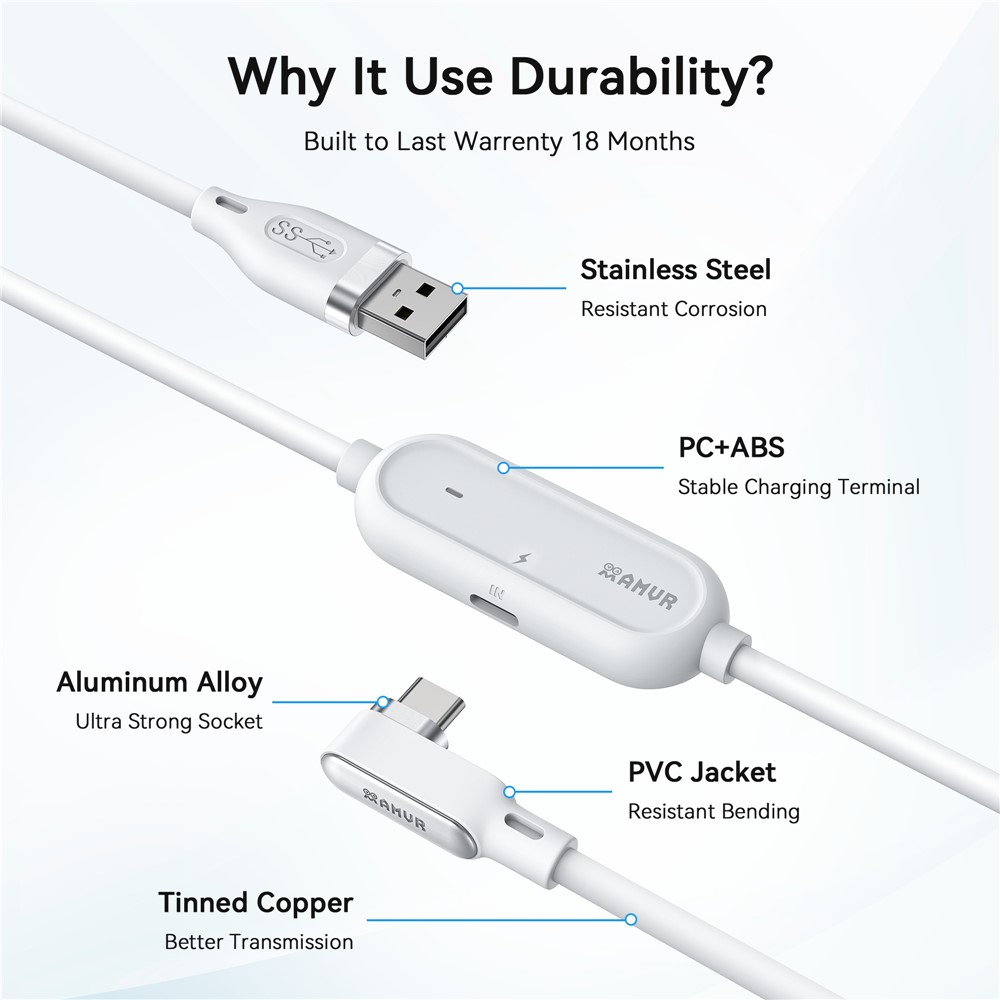 AMVR AMVR 5m 18W Link Kabel Med Laddningsport USB-C Vit