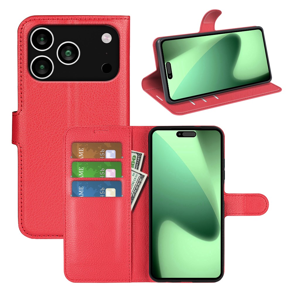 iPhone 17 Pro Fodral Litchi Läder Röd