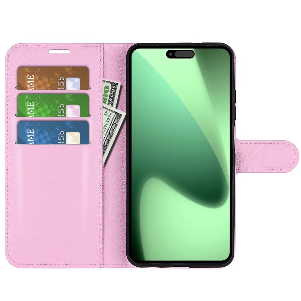  iPhone 17 Pro Fodral Litchi Läder Ljus Rosa
