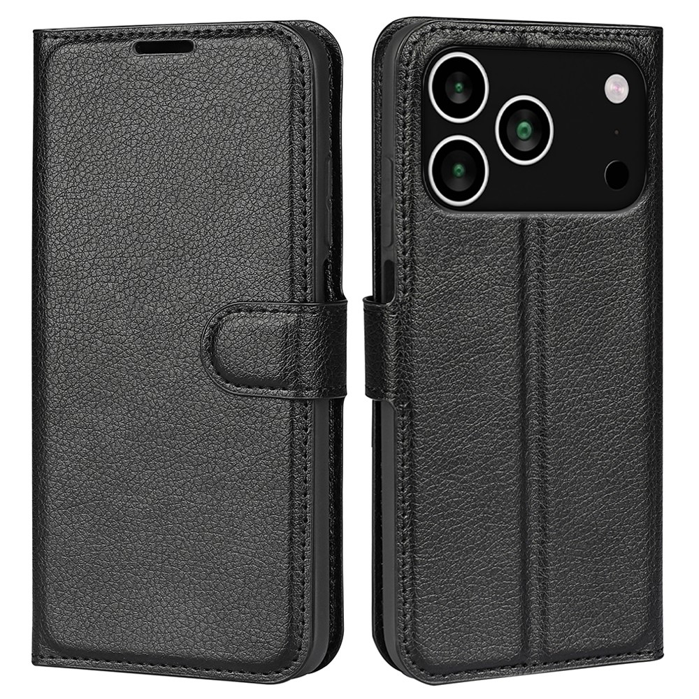  iPhone 17 Pro Max Fodral Litchi Läder Svart