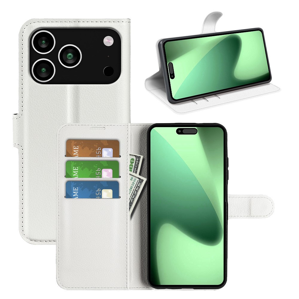  iPhone 17 Pro Max Fodral Litchi Läder Vit