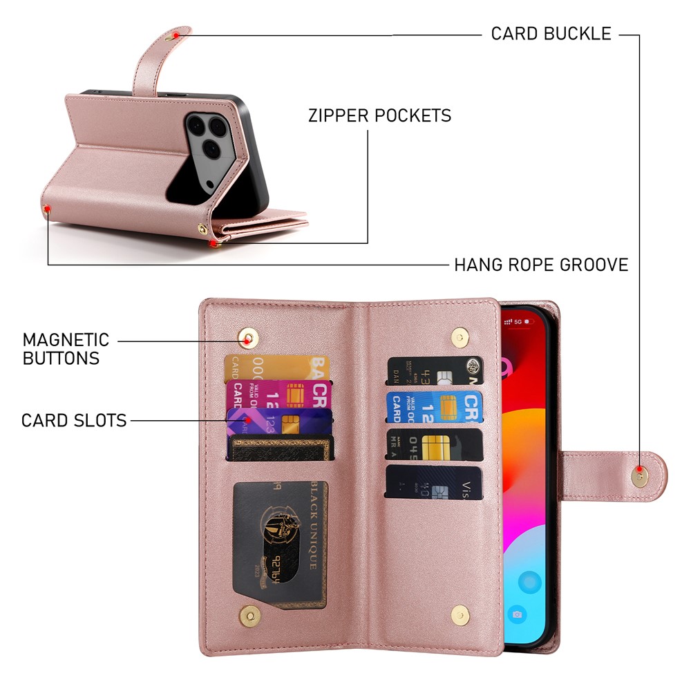  iPhone 17 Pro Max Fodral Multifunktionell Läder Roséguld
