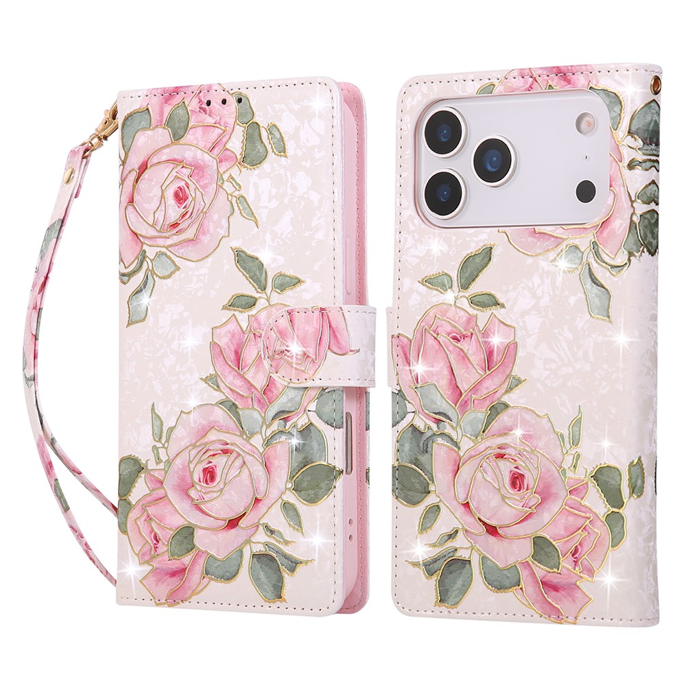  iPhone 17 Pro Max Fodral RFID Läder Rosa Blommor