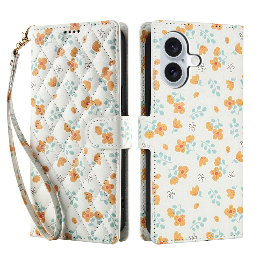  iPhone 17 Fodral Rhombus Läder Blommor Vit