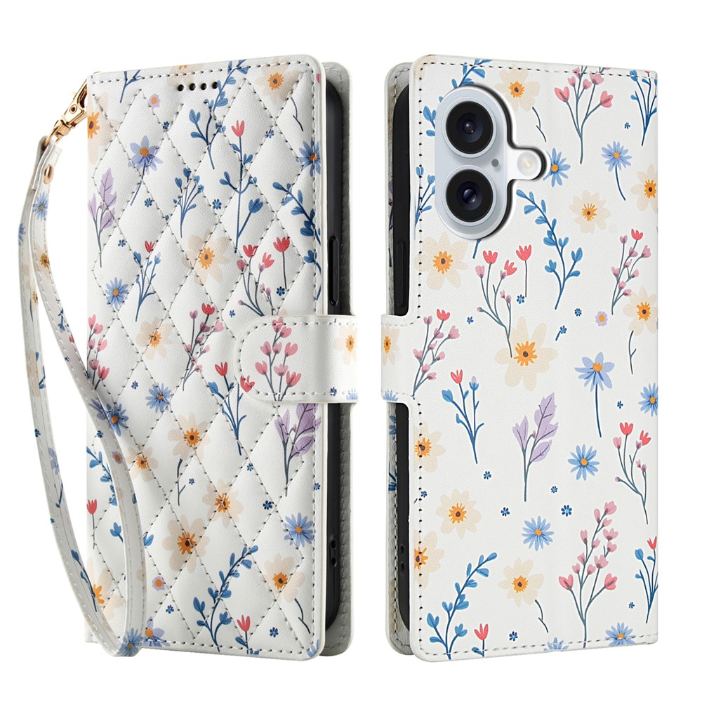 iPhone 17 Fodral Rhombus Läder Blommor Vit