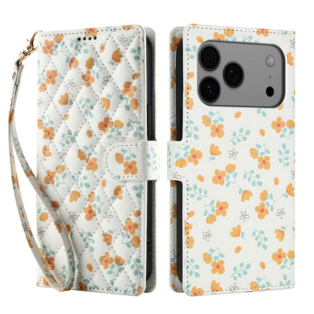  iPhone 17 Pro Fodral Rhombus Läder Blommor Vit