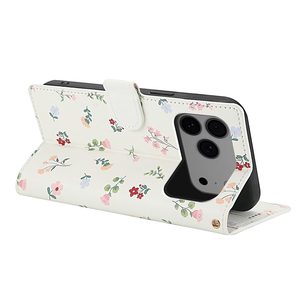  iPhone 17 Pro Fodral Rhombus Läder Blommor Vit