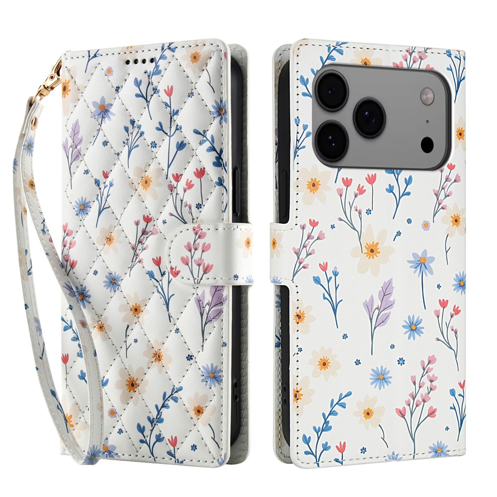  iPhone 17 Pro Fodral Rhombus Läder Blommor Vit
