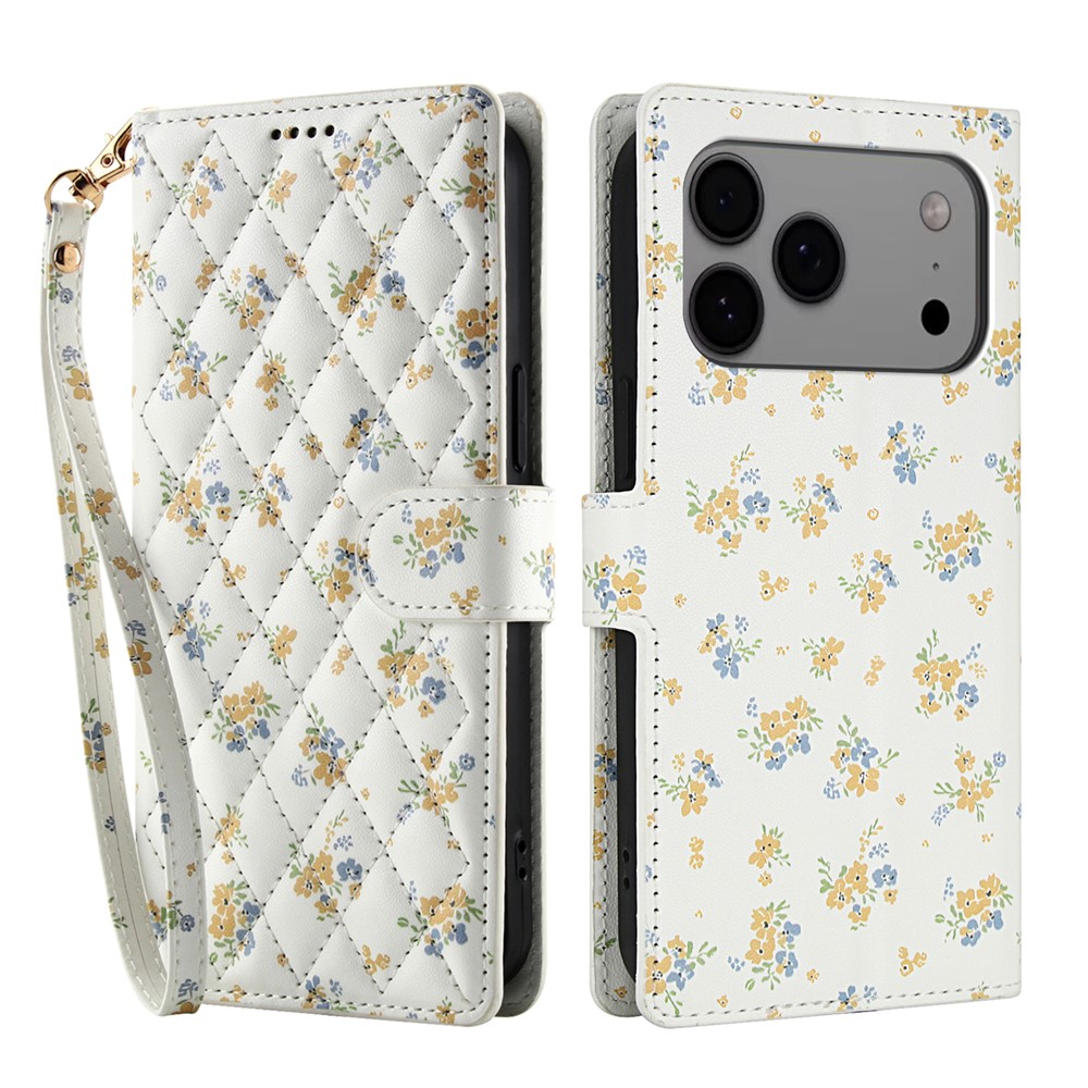  iPhone 17 Pro Fodral Rhombus Läder Blommor Vit