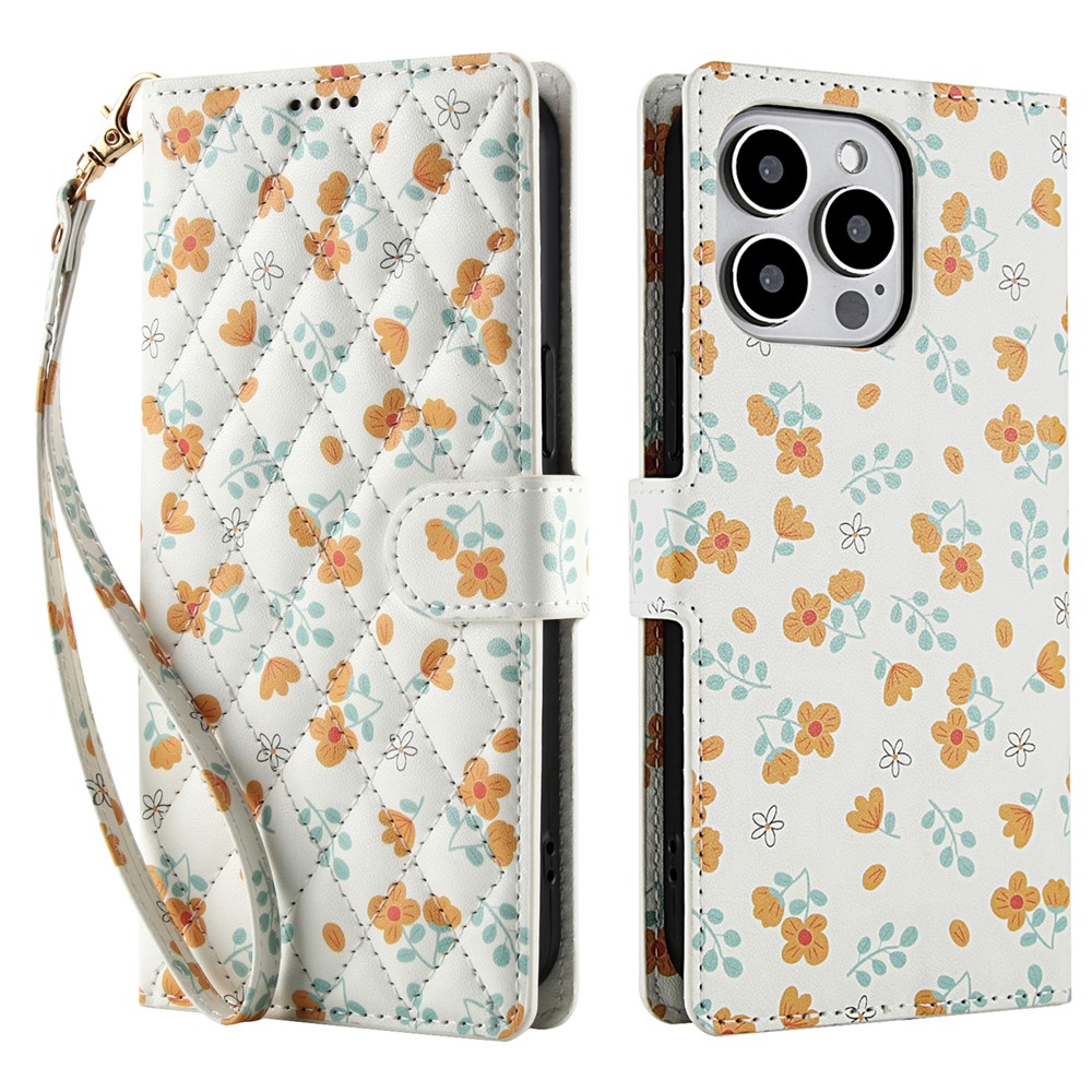  iPhone 16 Pro Max Fodral Rhombus Läder Blommor Vit