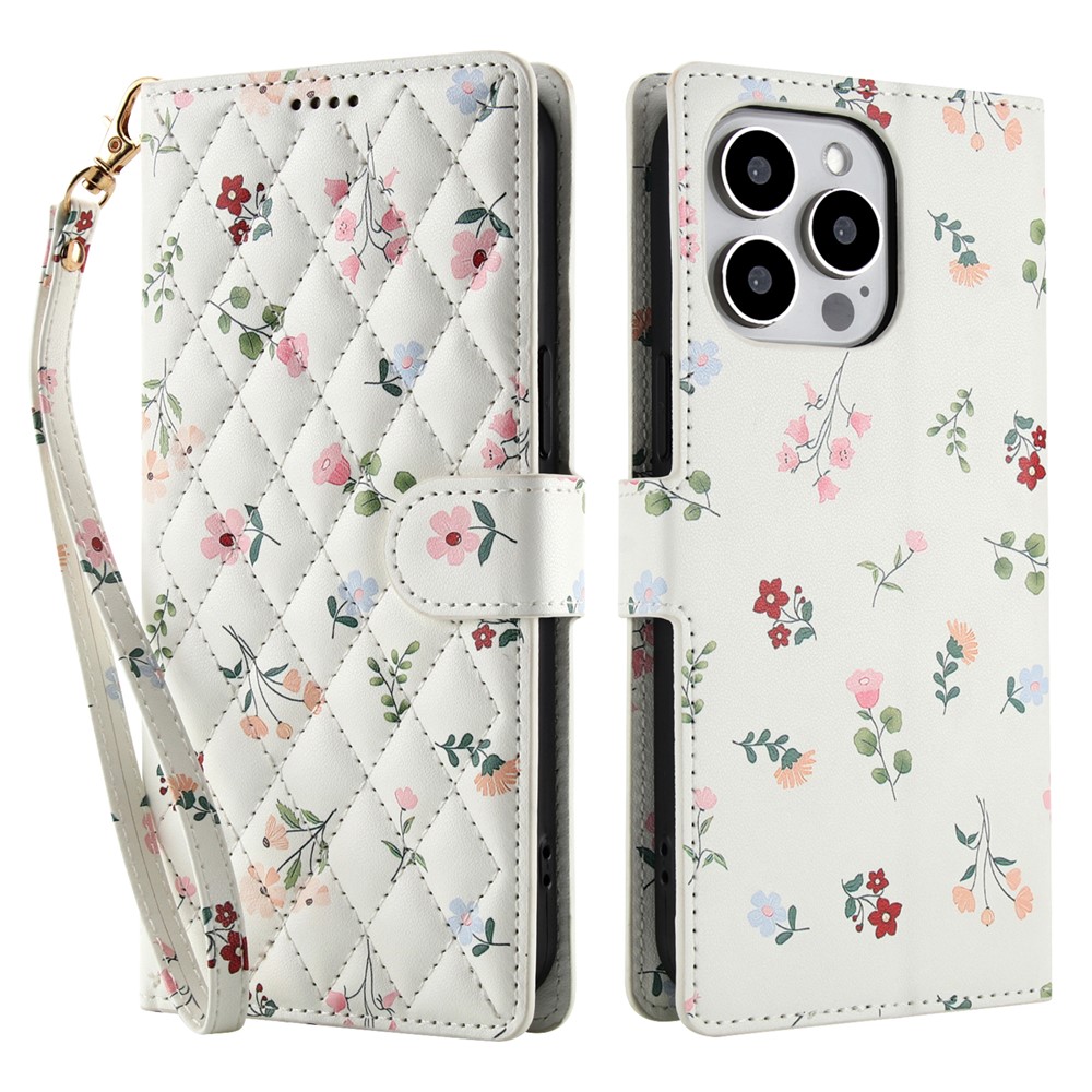  iPhone 16 Pro Fodral Rhombus Läder Blommor Vit