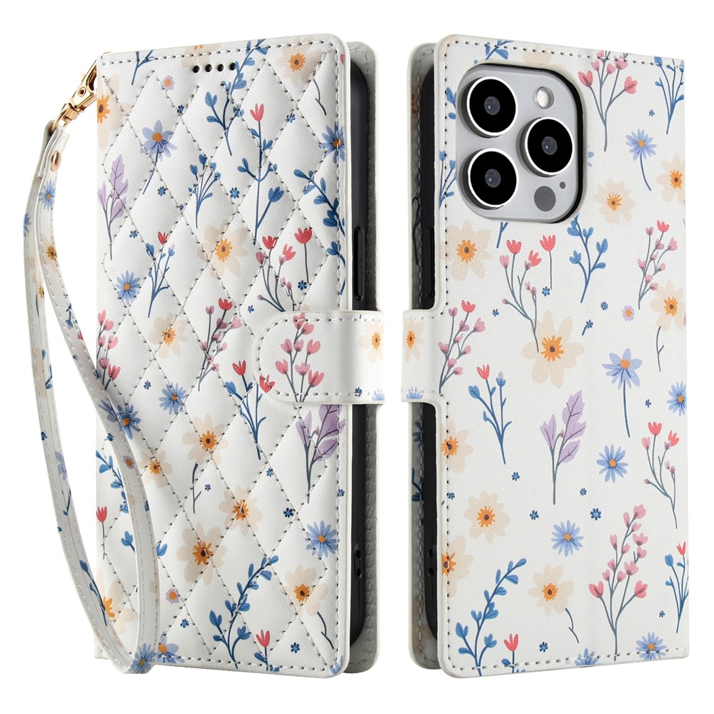  iPhone 16 Pro Fodral Rhombus Läder Blommor Vit