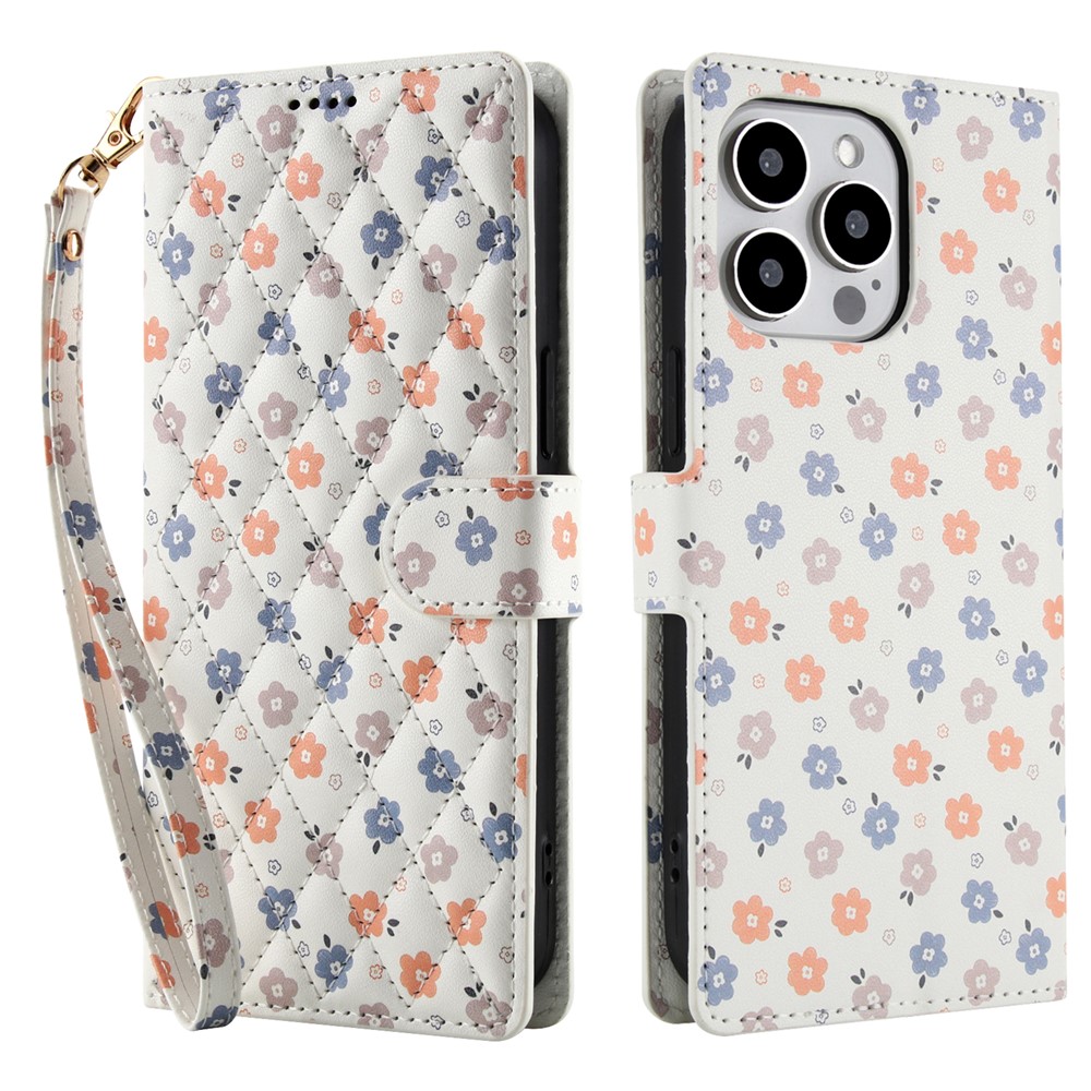  iPhone 16 Pro Fodral Rhombus Läder Blommor Vit