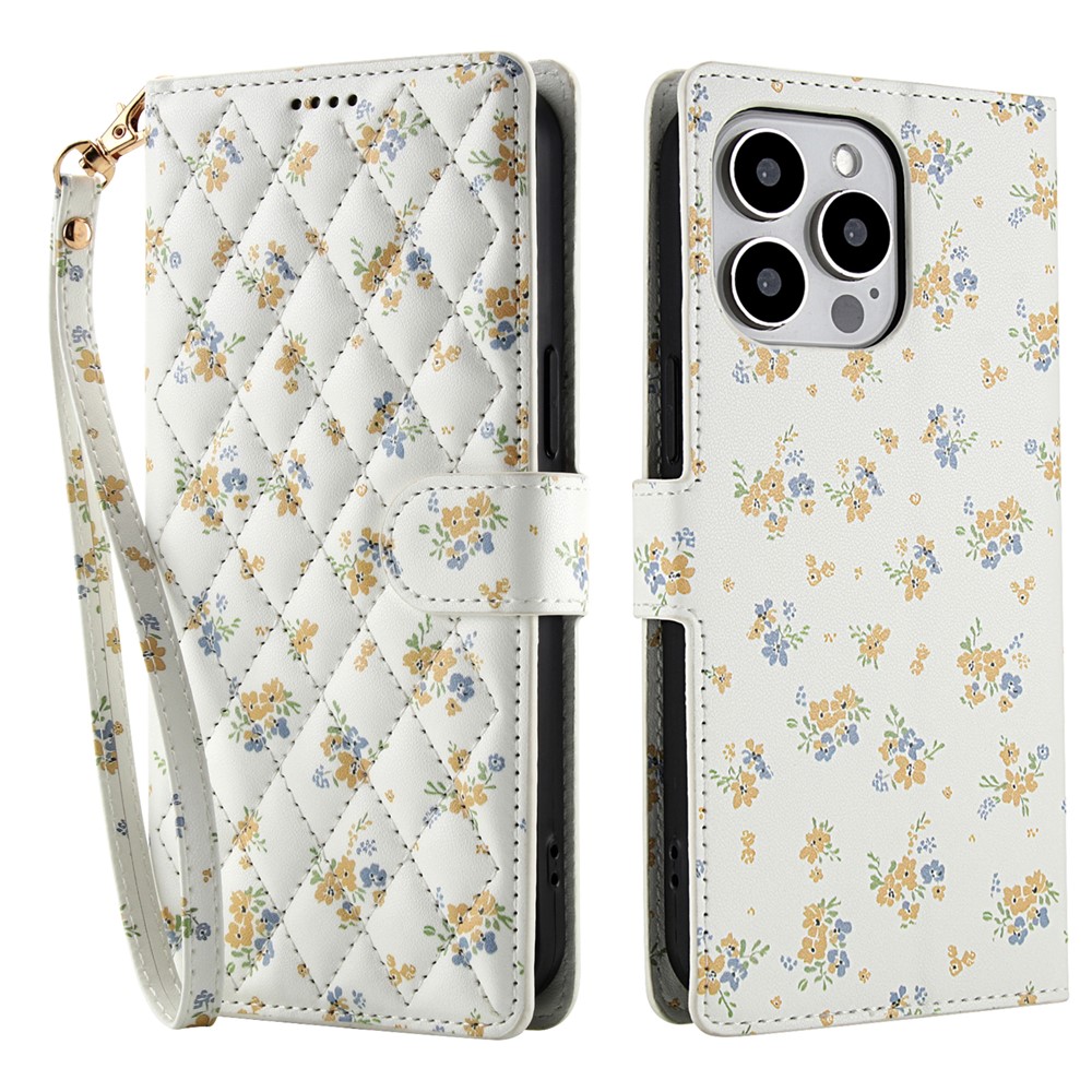  iPhone 16 Pro Fodral Rhombus Läder Blommor Vit
