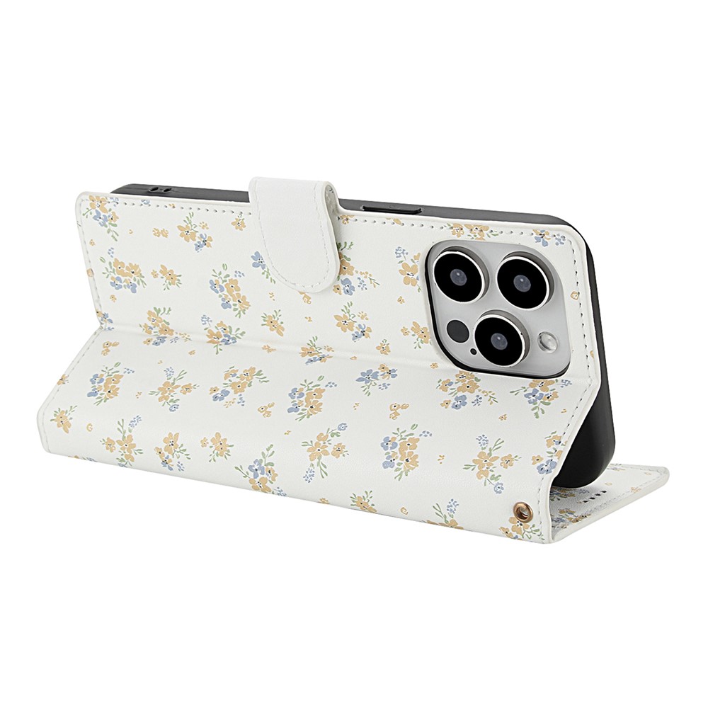  iPhone 16 Pro Fodral Rhombus Läder Blommor Vit