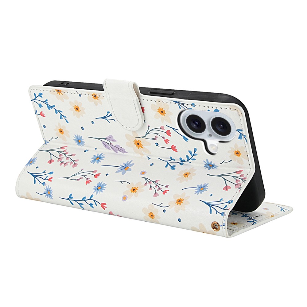  iPhone 16 Fodral Rhombus Läder Blommor Vit