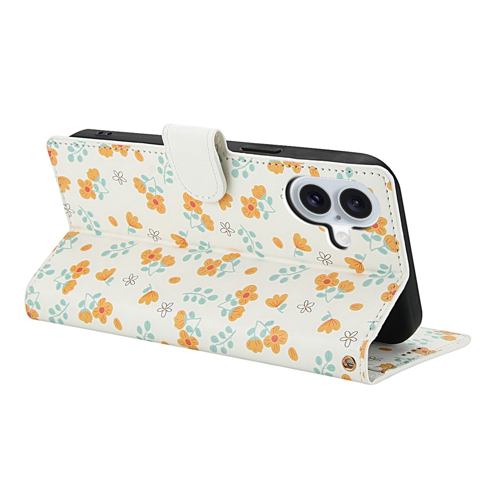  iPhone 16 Fodral Rhombus Läder Blommor Vit