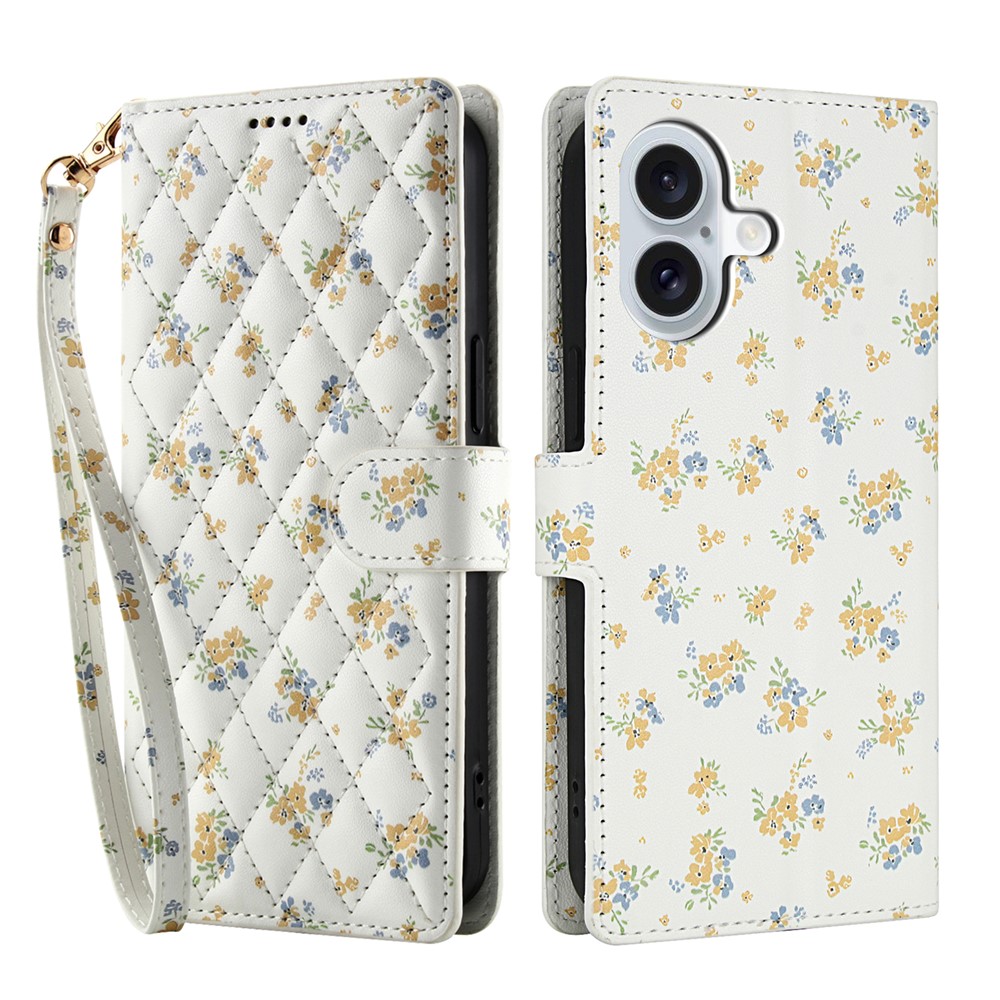  iPhone 16 Fodral Rhombus Läder Blommor Vit