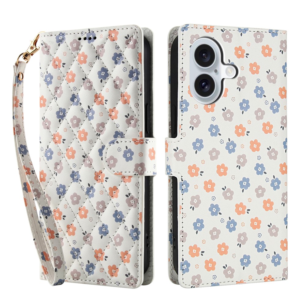 iPhone 16 Fodral Rhombus Läder Blommor Vit