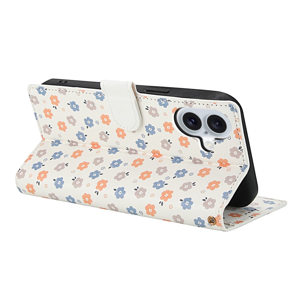  iPhone 16 Fodral Rhombus Läder Blommor Vit