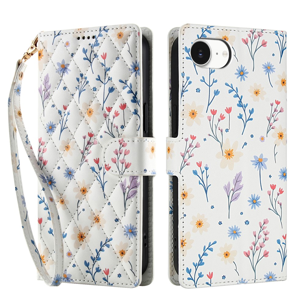  iPhone 17e / 16e Fodral Rhombus Läder Blommor Vit