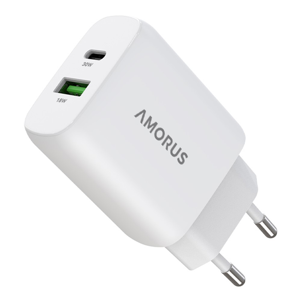 AMORUS Amorus 30W GaN PD QC USB-C / USB-A Väggladdare Vit