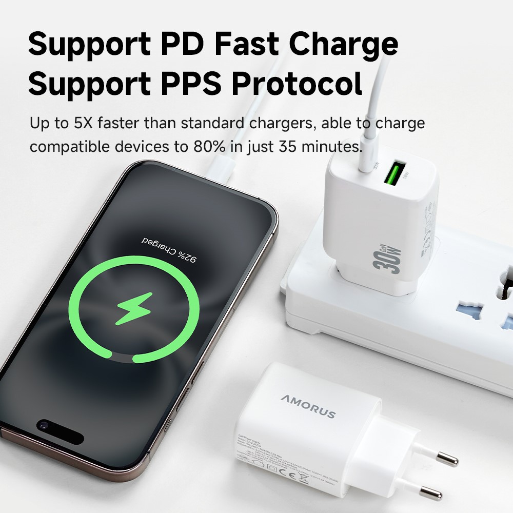 AMORUS Amorus 30W GaN PD QC USB-C / USB-A Väggladdare Vit