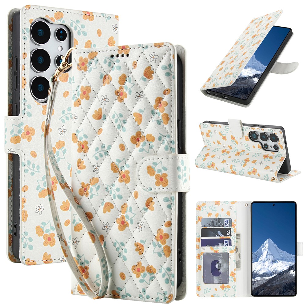  Samsung Galaxy S26 Ultra Fodral Rhombus Läder Blommor Vit