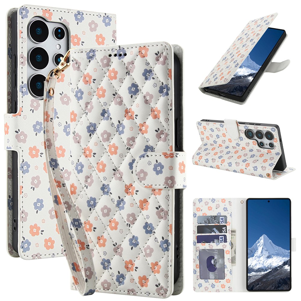  Samsung Galaxy S26 Ultra Fodral Rhombus Läder Blommor Vit