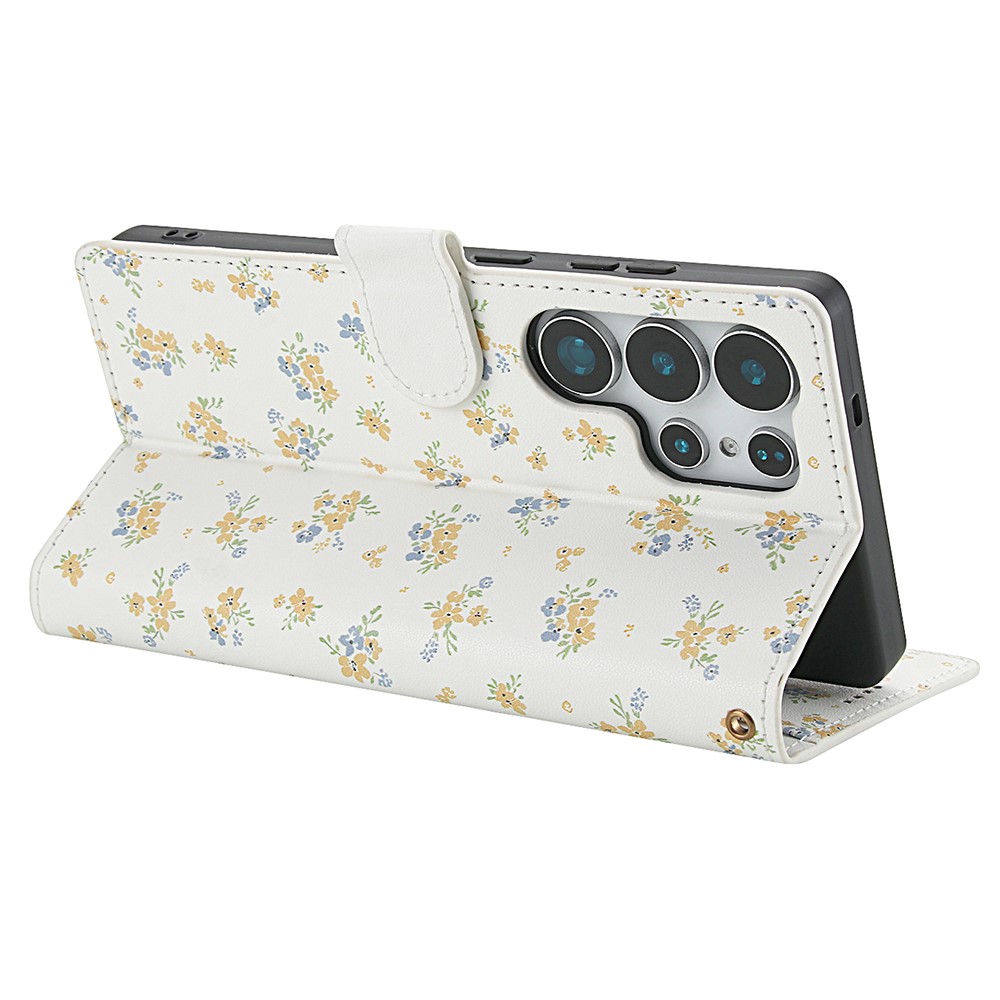  Samsung Galaxy S26 Ultra Fodral Rhombus Läder Blommor Vit