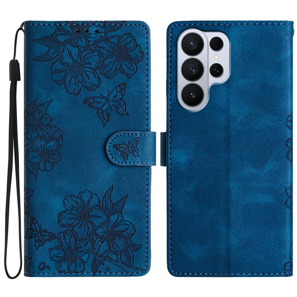  Samsung Galaxy S26 Ultra Fodral Med Blommigt Tryck Läder Blå