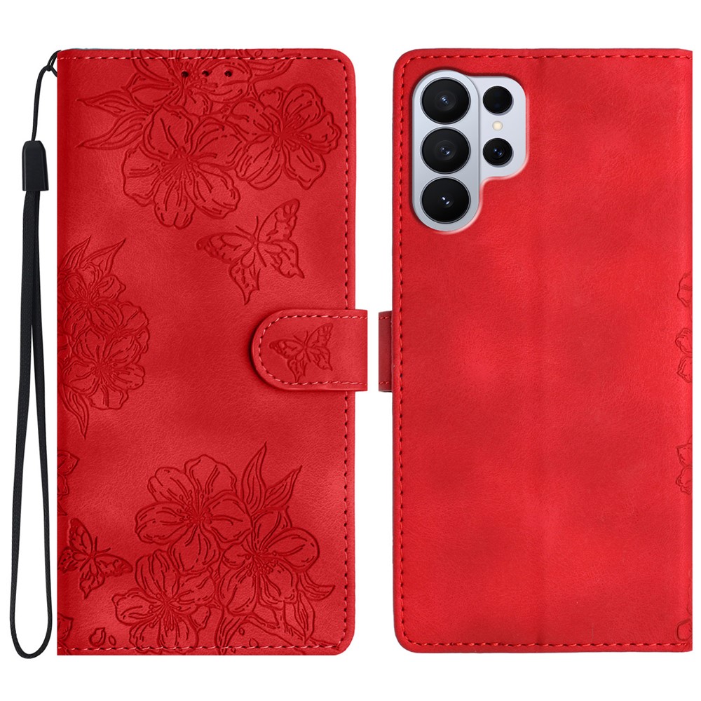  Samsung Galaxy S26 Ultra Fodral Med Blommigt Tryck Läder Röd