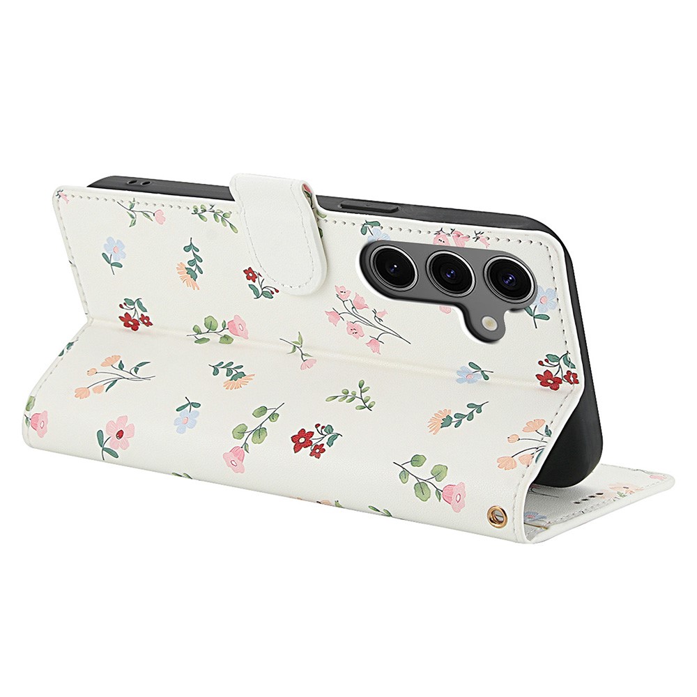  Samsung Galaxy S26 Fodral Rhombus Läder Blommor Vit