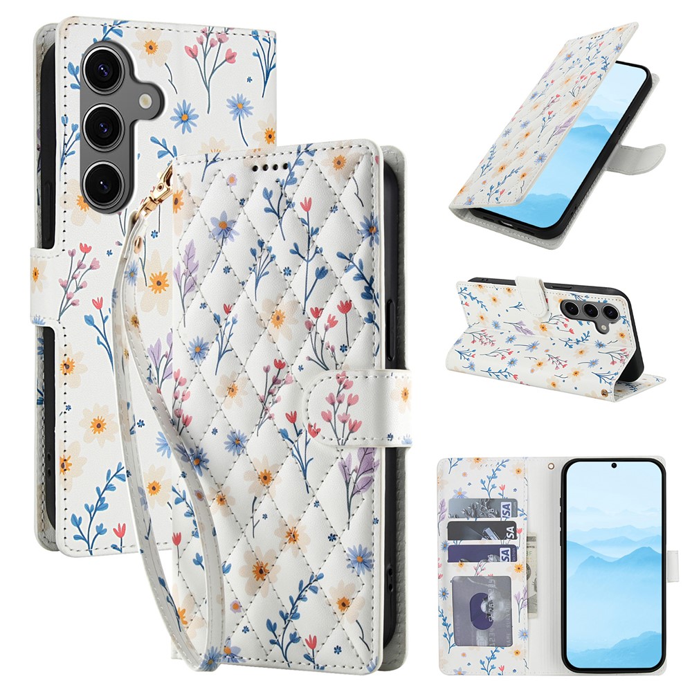  Samsung Galaxy S26 Fodral Rhombus Läder Blommor Vit