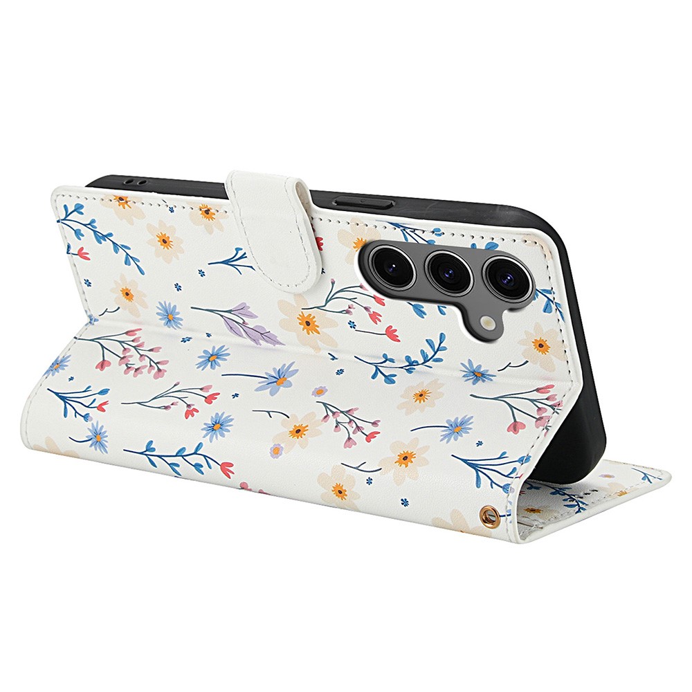 Samsung Galaxy S26 Fodral Rhombus Läder Blommor Vit