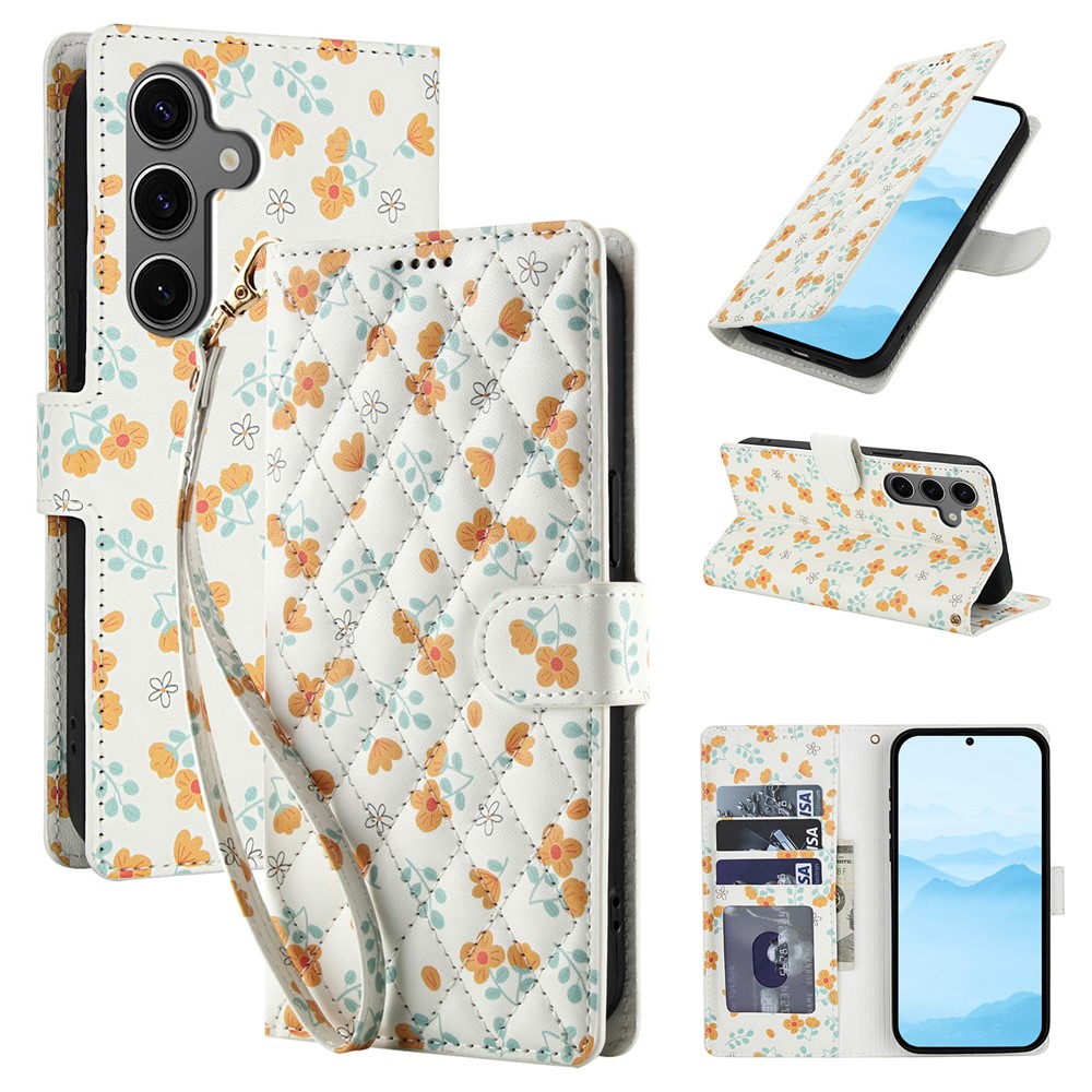  Samsung Galaxy S26 Fodral Rhombus Läder Blommor Vit
