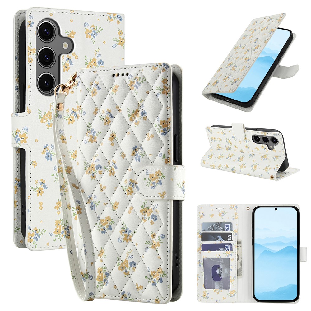  Samsung Galaxy S26 Fodral Rhombus Läder Blommor Vit