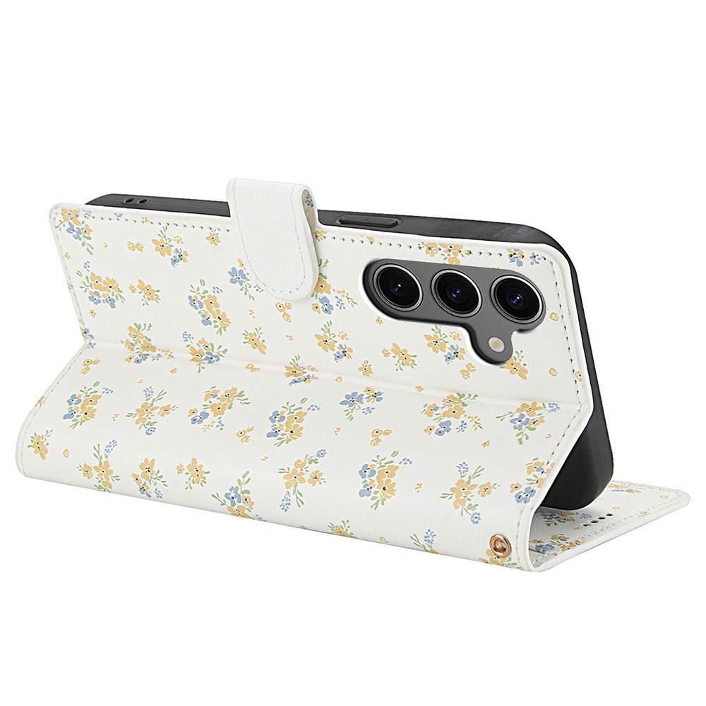  Samsung Galaxy S26 Fodral Rhombus Läder Blommor Vit